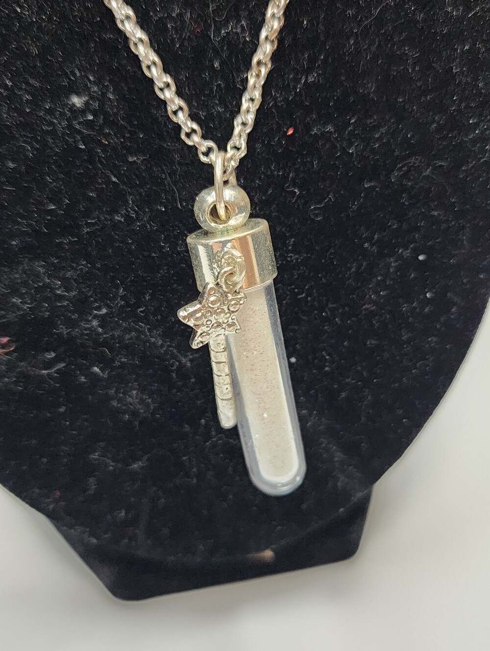 Silver tone Fairy Dust Necklace White vial wand 17" Pixie Fae Fantasy